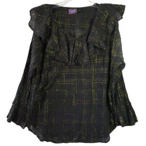 Trimmings Plus Women 20W/40 Black Metallic Gold Flounce Long Sleeve Top Pullover